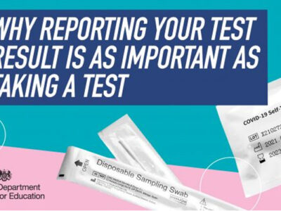 Why reporting your test result is as important as taking a test. A pink and teal background with Covid testing swabs in the foreground.