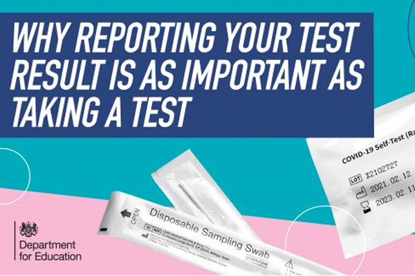 Why reporting your test result is as important as taking a test. A pink and teal background with Covid testing swabs in the foreground.