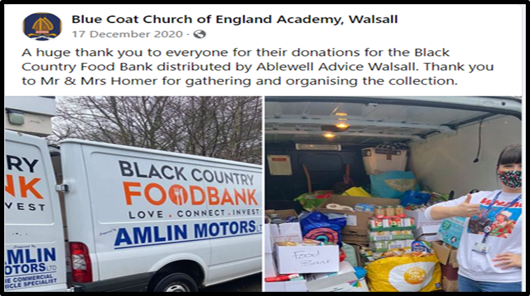 Image of a Facebook Page containing photographs of the Food Bank collecting Items from the Academy for donation.