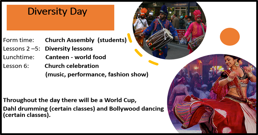 Diversity Day Timetable containing images of drummers and dancers