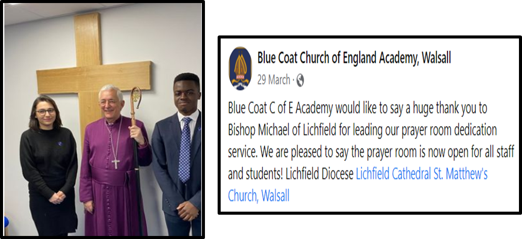 Image of Bishop Michael with Head Boy and Head Girl, in our new prayer room.