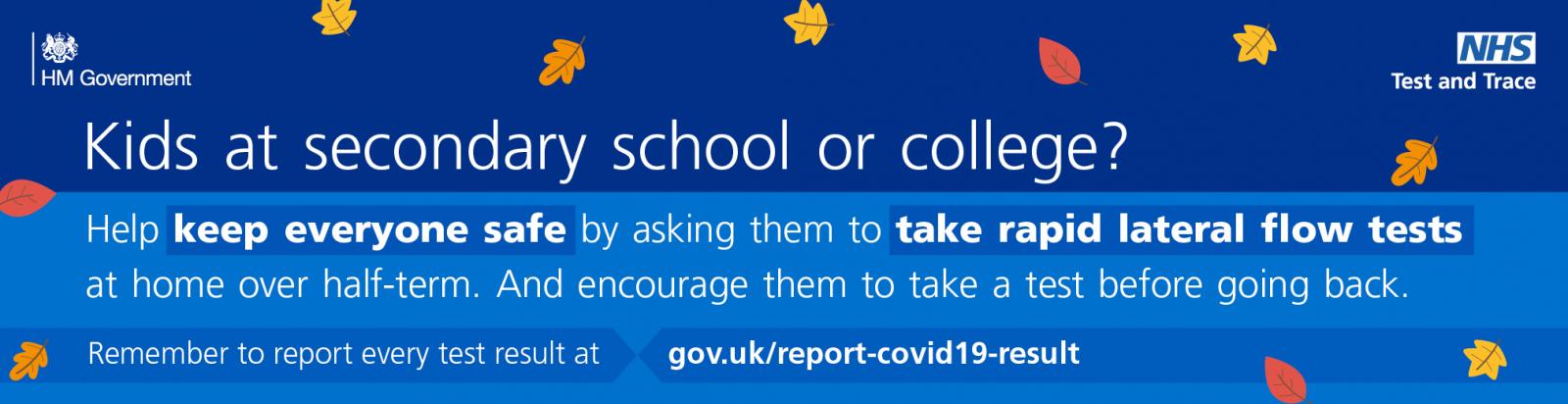 NHS government poster promoting lateral flow tests for kids at secondary school or college