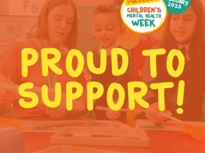 Children painting onto a canvas with a teacher with an orange transparent layer on the top with text reading 'Proud to support! #ChildrensMentalHealthWeek'.