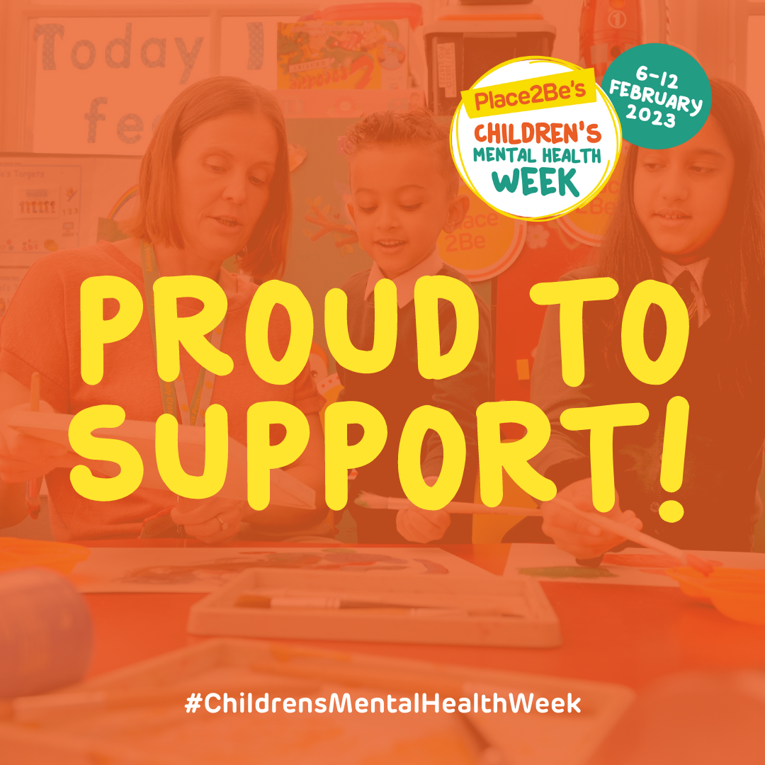 Children painting onto a canvas with a teacher with an orange transparent layer on the top with text reading 'Proud to support! #ChildrensMentalHealthWeek'.