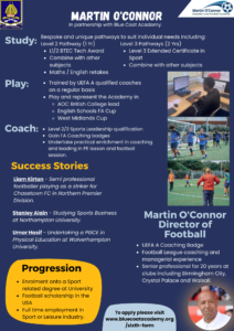 Martin O'Connor education and football academy, details of football coaching courses available at Blue Coat Academy, success stories from students