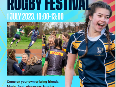 Walsall RFC poster advertising girls touch rugby festival on 1st July 2023, 10am - 1pm. With an image of a smiling girl in rugby kit on the right hand side. Come on your own or bring friends. Music, food, giveaways & rugby. No experience is needed, we'll teach you the skills to get started. Scan the QR code to register now! 16-18 year olds only.