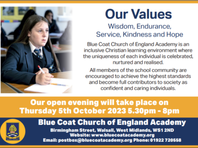 Blue Coat CE Academy Open Evening 2023. Left hand side image of a female student in class. Our Values.