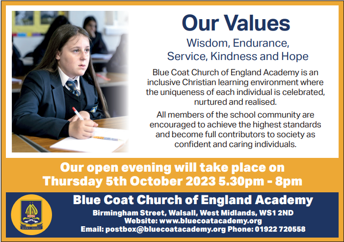 Blue Coat CE Academy Open Evening 2023. Left hand side image of a female student in class. Our Values.