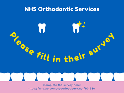 NHS Orthodontic Services. Teeth running along the bottom of the image with a pink trim representing gums.