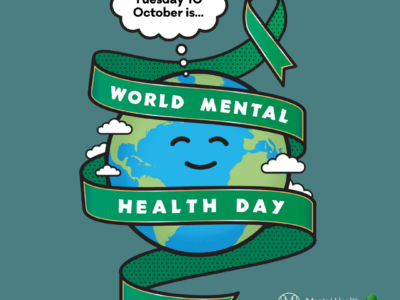 Earth with a smiley face with green ribbon wrapped round with the text World Mental Health Day 2023. A speech bubble is at the top which says Tuesday 10 October is...