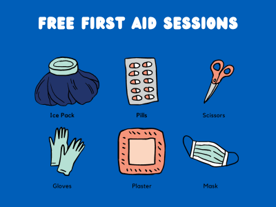 Free first aid sessions. Small graphics showing an ice pack, pack of pills, scissors, gloves, plaster and face mask.