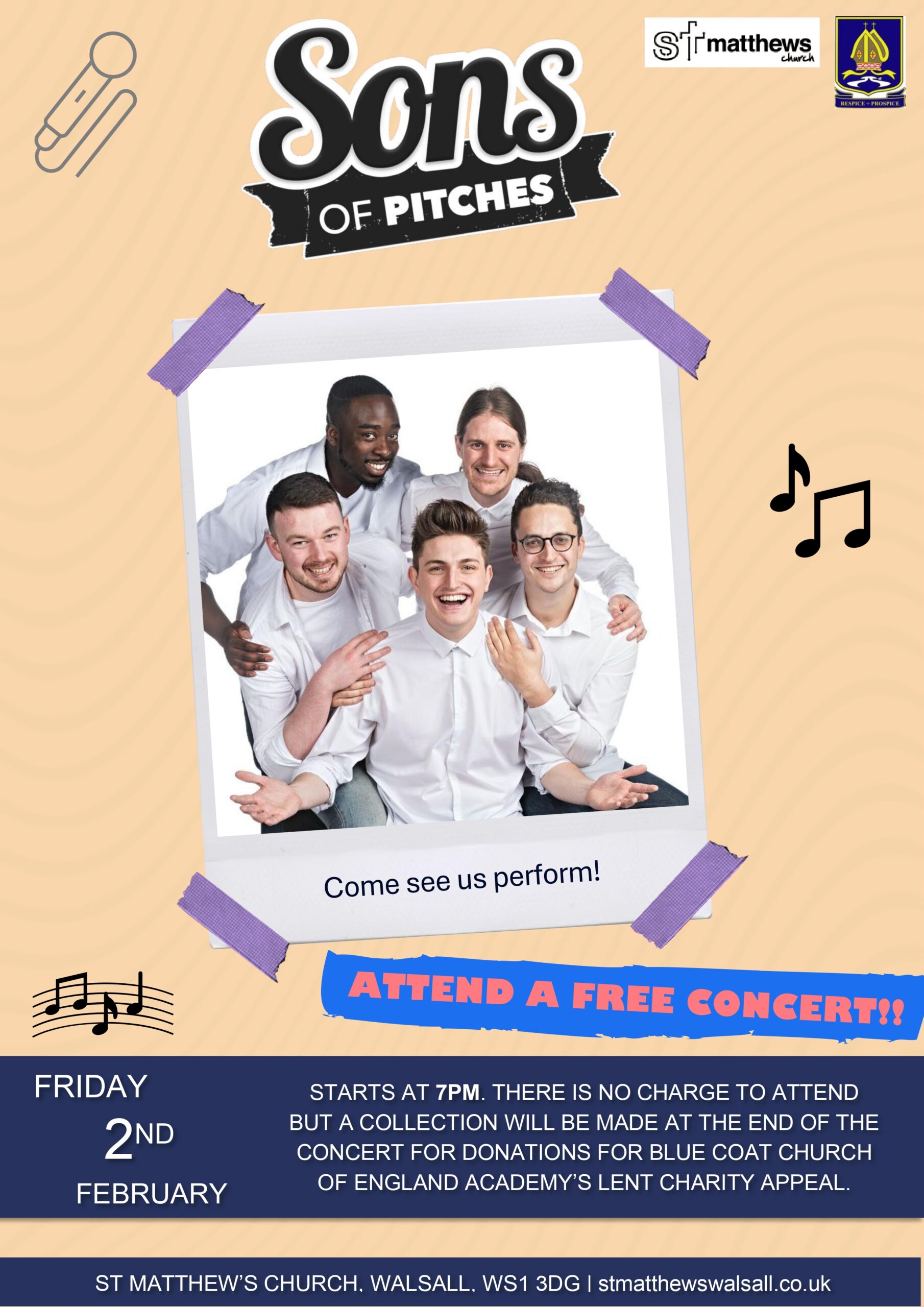 Sons of Pitches logo at the top of the page, with a polaroid style photo of the group in the middle, with text underneath saying 'come and see us perform!'. 'Attend a free concert!'