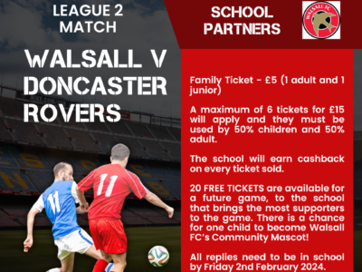 Football league 2 match. Walsall v Doncaster Rovers. Family tickets available for the upcoming game.