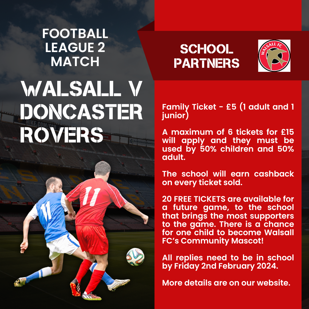 Football league 2 match. Walsall v Doncaster Rovers. Family tickets available for the upcoming game.