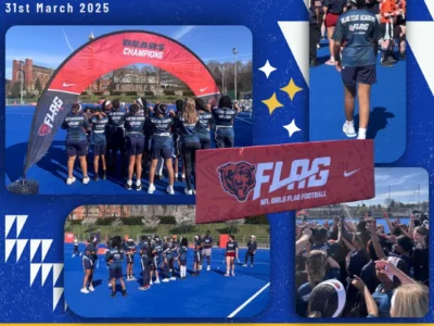 Group photos of backs of pupils with their BCA Flag Football shirts on.