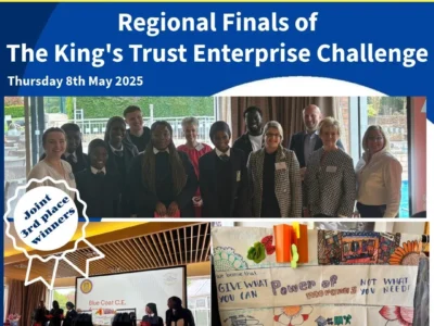 Pupils with staff from Edgbaston Priory Club and The King's Trust. Pupils presenting on a stage.