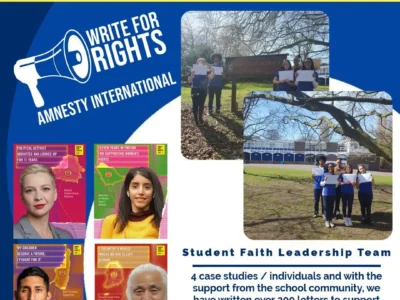 Write for Rights Campaign, Amnesty International. Student Faith Leadership Team in front of wooden sign.