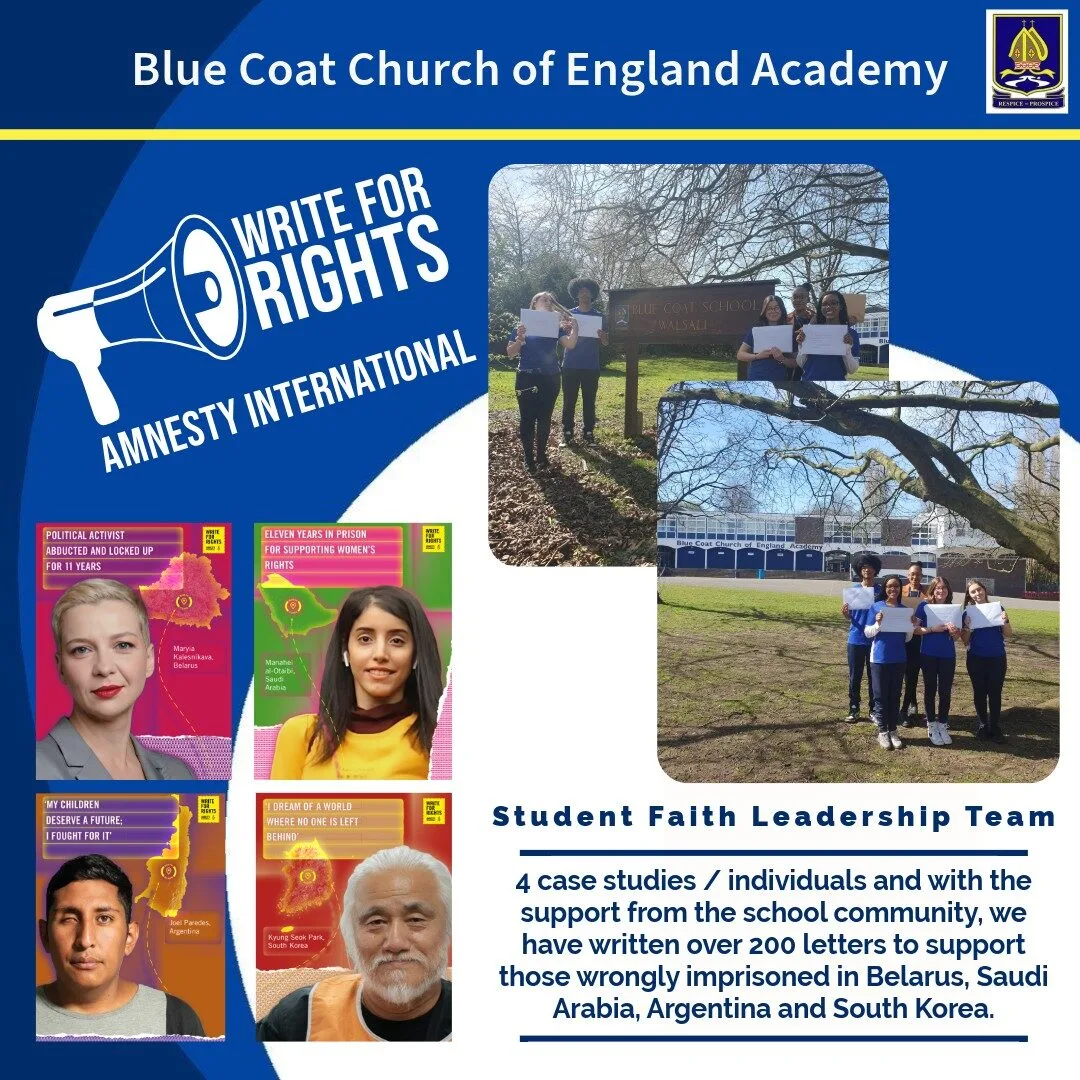 Write for Rights Campaign, Amnesty International. Student Faith Leadership Team in front of wooden sign.