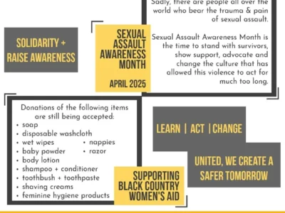 Grey + yellow Sexual Assault Awareness Month campaign poster. Call for donations.