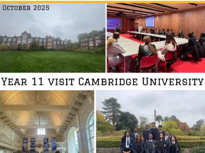 Picture of Cambridge University campus, students in a lecture hall and in the grounds
